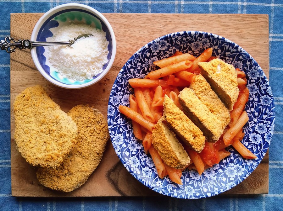 Vegan Air Fried Chicken with Penne&nbsp;Arrabbiata